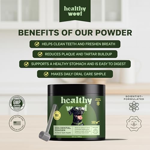 Image of Dog Dental Powder with Icelandic Kelp, Enzymes & Green Tea - Dog Breath Powder & Tartar Remover - Dental Cleaning for Dogs - 8.5 oz (120 Servings)