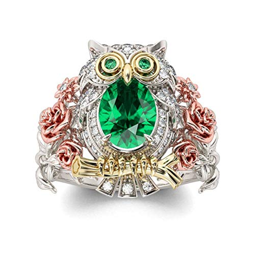 Jeulia 1 Carat Owl Rings for Women 925 Sterling Silver 18K Gold Plated Wedding Rings Oval Cut Solitaire Engagement Rings with Emerald Stone Anniversary Promise Rings Romantic Gift