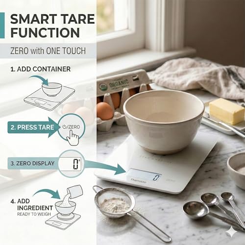 Image of Themisto TH-WS19 Digital Kitchen Weighing Scale With Touch Screen Controls | For Cooking, Baking, Health & Fitness | Max Capacity 5kg | Tempered Glass | Tare Function | 6 Months Warranty