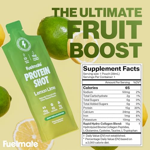 Image of Lemon Lime Liquid Collagen Easy Protein Shots - 15g Protein + 22 Amino Acids - Hydrolyzed Bovine Collagen Peptides for Recovery, Skin, Hair & Joints - 10 x 1.29oz - Sugar, Dairy & Gluten Free