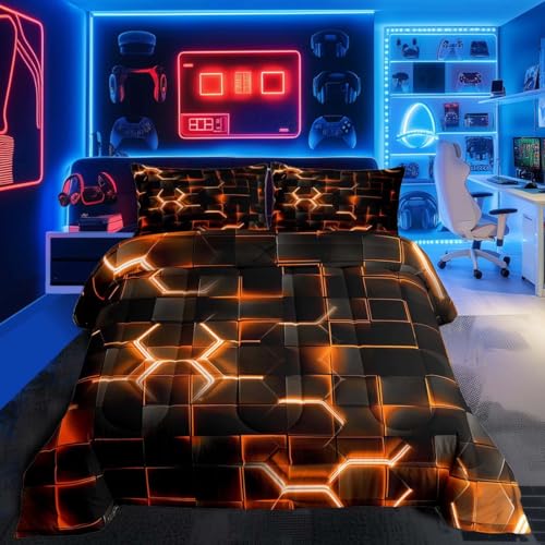 Feelyou Orange and Black Bedding Set Queen Size Honeycomb Comforter Set