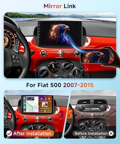 Hodozzy 4+64G Carplay Autoradio Fiat 500 2007-2015, Touchscreen 9 Pouces Android Auto/Auto EQ/Mirrlink/WiFi/GPS/RDS/FM/B