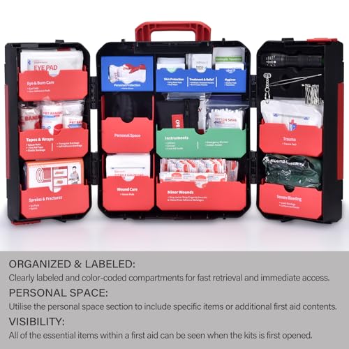 Image of Hard Case First Aid Kit 408 Pcs - Wall Mountable Trauma Kit for Car, Home, Office & Truck - Comprehensive Large First Aid Supplies with Color-Coded Labelled Compartments