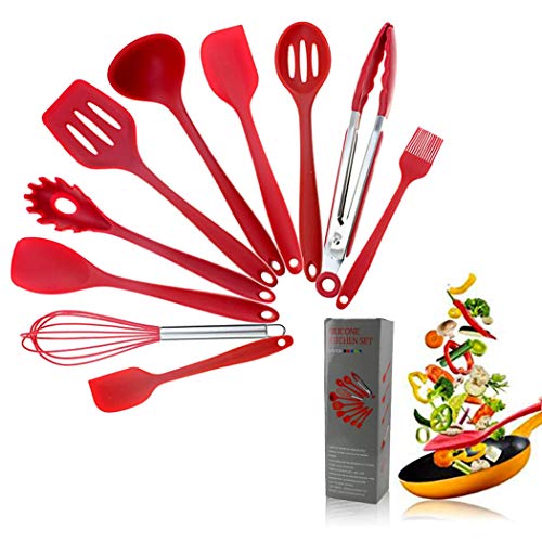 Hoshen 5-Color Style 10-Piece Kitchen Utensils Non-Stick Pan Silicone Kitchenware Heat-Resistant Spatula Set Cooking Spatula - Red - Image 2