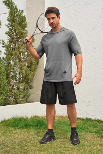 Men's Thin Hooded T Shirt Sweatshirts Short Sleeve Cool Solid Color Pullover Hoodies with Kangaroo Pockets4