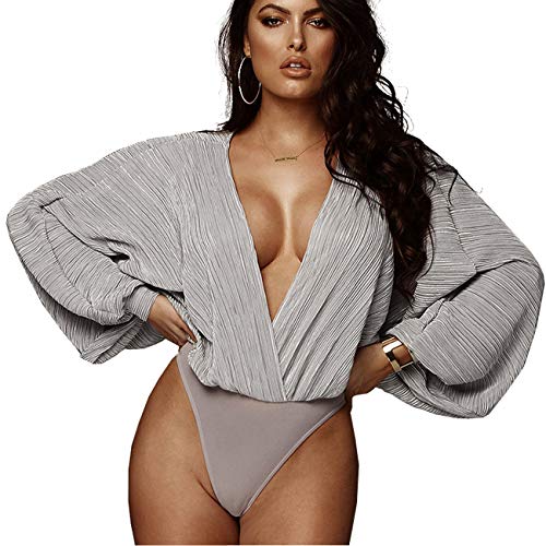 Weigou Women Jumpsuits Long Sleeve V Neck Pleated Loose Bodysuits Tops Leotard Shirts Women (Grey, L)