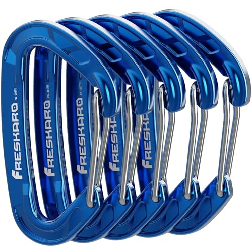 FresKaro 5pcs caribeener Clips Wiregate Carabiner Heavy Duty Small Sturdy Key Keychain Accessory Not for Climbing Mini Size Ultra Light for Hiking Camping Fishing Outdoor Backpack Blue