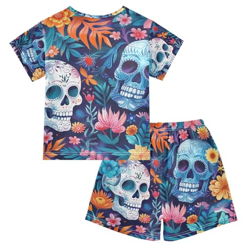 ALAZA Bright Skulls and Flowers Pajama Set Short Sleeve Sleepwear Soft Lounge Nightwear2