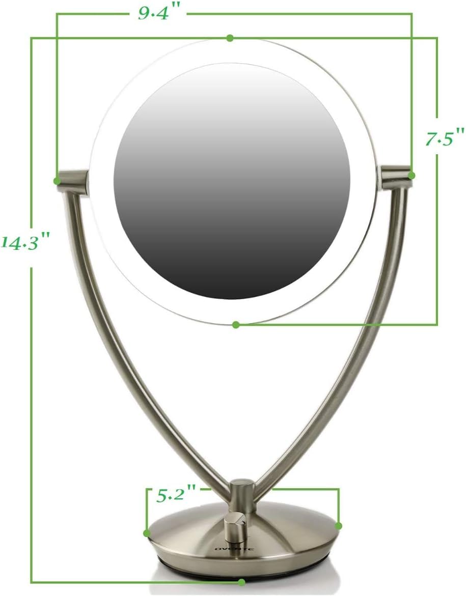Ovente LED Lighted Makeup Mirror 7.5 Inch Table Top 1X 5X Magnifier Dimmable illuminated Adjustable Circle 360 Degree Double Sided Acrylic Edge Battery USB Operated Large Nickel Brushed MLT75BR1X5X