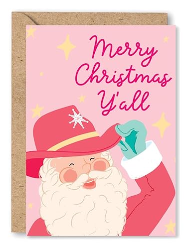 Cowboy Santa Christmas Card for Her, Women, Friend, Daughter, Sister, Secret Santa, Cowboy Core, American, Father Christmas, Wild West - 'Merry Christmas Y'all' | Blank Inside & Envelope Included