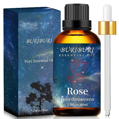 Image of BURIBURI Rose Essential Oil 100ML Gifts Set 100% Pure Natural Undiluted Aromatherapy Rose Oil 3.38fl.oz for Soap, Candle Making, Massage, Diffuser, Humidifier