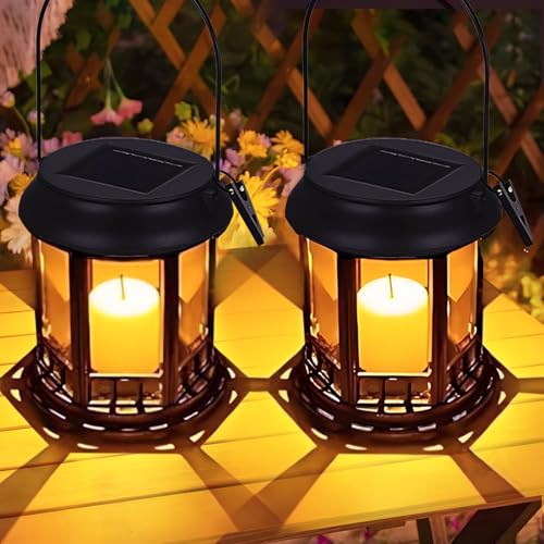 Yowin Farolillos Solares Exterior 2 Piezas Lampara Solar Jardin con Vela, Farol Solar Impermeable Lampara Mesa, Linterna para Adornos Jardin Terraza Balcón Decoracion - Negro