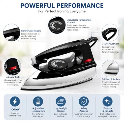 Image of Baltra Casual 750 Watts Dry Iron | Non Stick Coated Soleplate | Light Weight | Adjustable Temperature Control | Cotton Braided Swivel Cord | Press Iron for Clothes | 2 Years Warranty