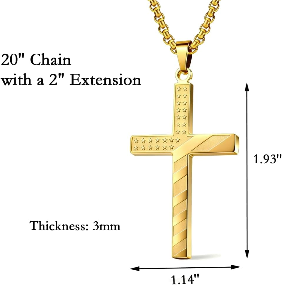 Cross Necklace for Men, Stainless Steel American Flag Pendant Necklace Silver Black Gold Red-Blue Cross Chainc20+2 Inches | Christian Stocking Stuffers Christmas Easter Jewelry Gifts - Image 3