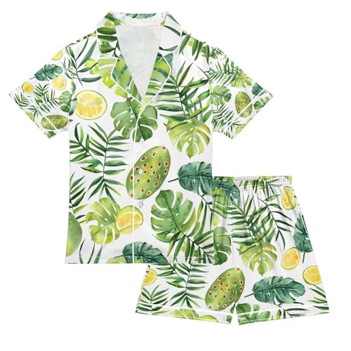 senya Watercolor Green Tropical Satin Summer Pajama Sets Silk Short Sleeve Button Down Sleepwear