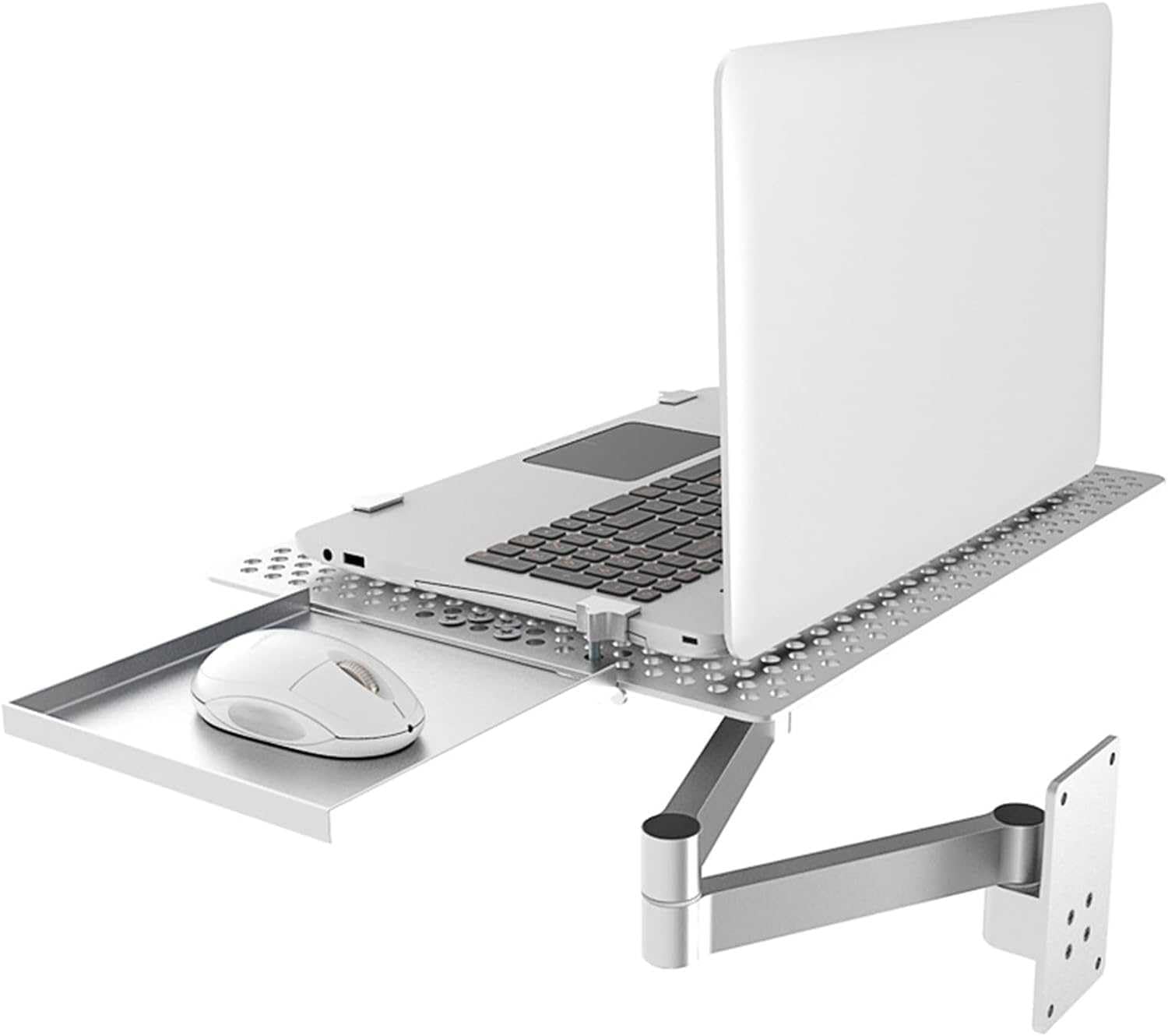 Supporto per monitor e computer, supporto da parete per computer extra lungo con vassoio, piattaforma di raffreddamento ventilata, vassoio per laptop, vassoio per laptop articolato a movimento