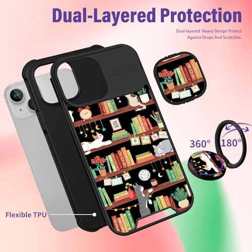 Image of Funermei for iPhone 15 Case - Women Girls Cute Phone Cover Girly Pretty Aesthetic Cat and Books Unique Design with Camera Cover Funda for Apple for iPhone 15