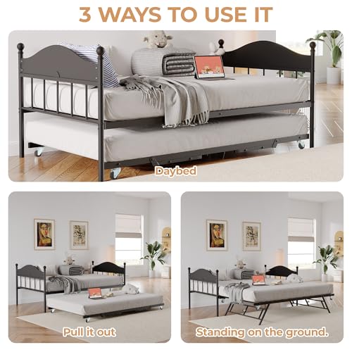 Image of Garvee Twin Daybed with Trundle, Twin Bed Frame with with Stylish Headboard, Heavy Duty Steel Slats Platform for Living Room, Bedroom, Black