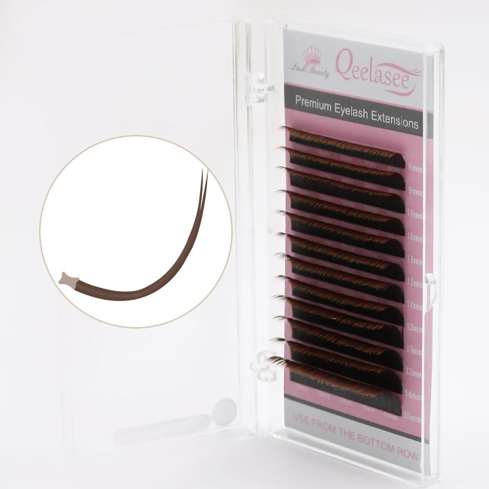 Qeelasee Double Tips Flat Ellipse Eyelash Extensions Supplies 0.20 C curl 14mm Brown Color Faux Mink Super Soft Split Tips Lash Individual Lashes (