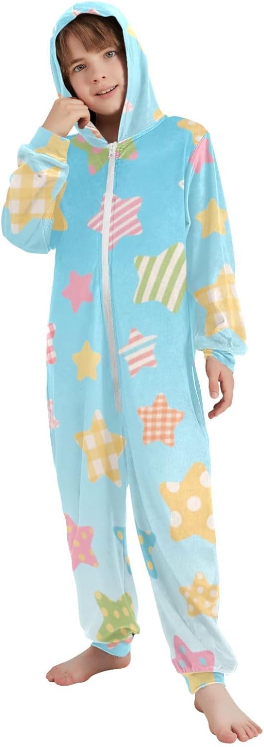 Unisex Pajamas Zip Up Hooded One-Piecing Sleeper Loungewear for Parties Sleepovers 4-14Y