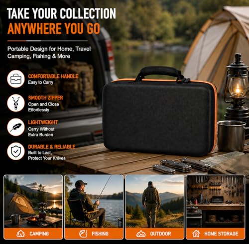 Image of Knife Display Case for 64+ Pocket Knives, Butterfly Knife Storage Box, Folding Knives Organizer Holder, Knives Collection Organized Carrier for Survival, Tactical, Outdoor, EDC Mini Knife (Black) | Knives Organized Slots, Butterfly and EDC Mini Models, Outdoor Survival Tactical Collection Storage, Black, Bag Only