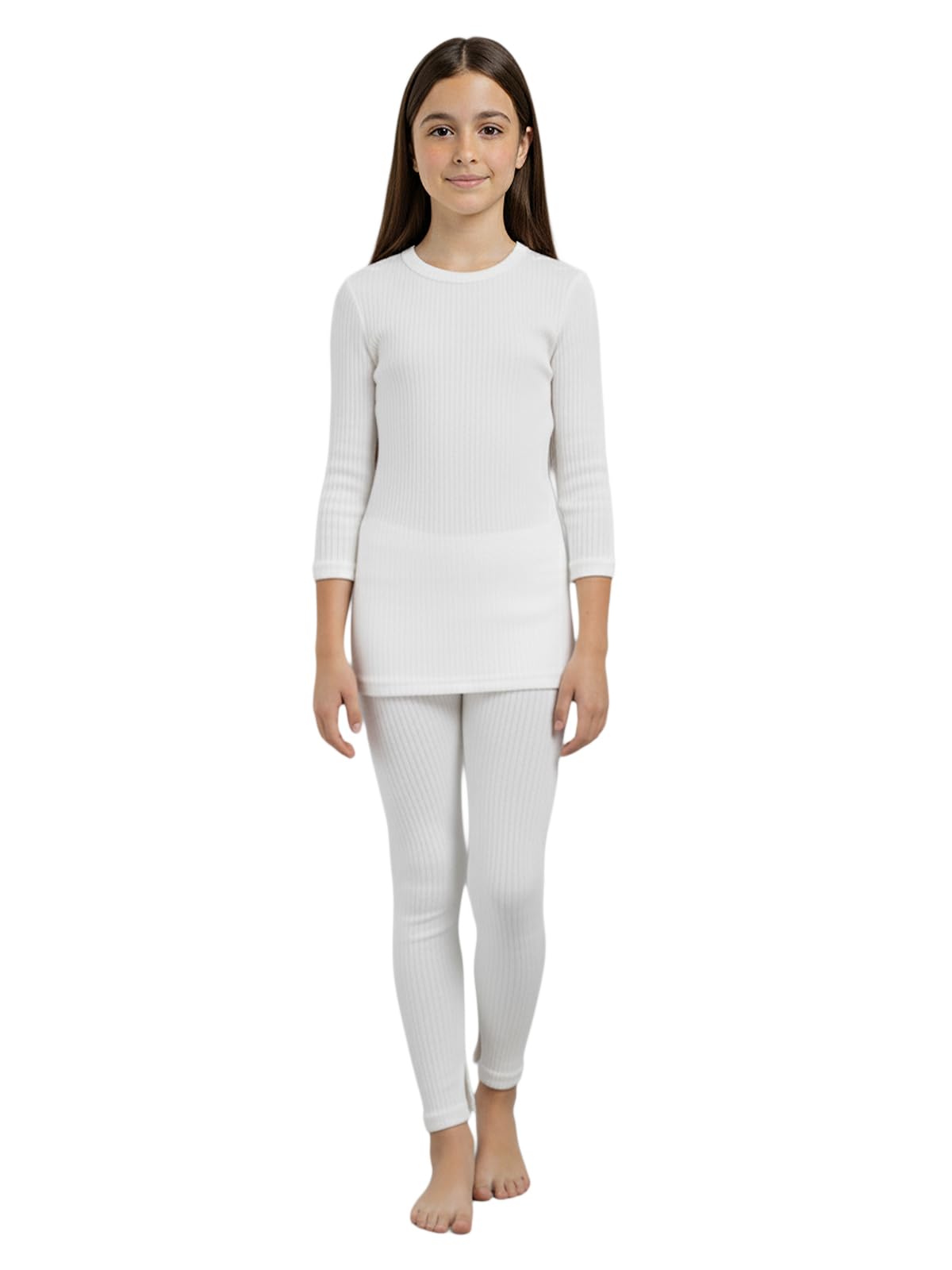Lux Cozi HEATEK Girl's White Round Neck Full Sleeves Thermal Top and Bottom Set | Thermal Set for Kids | Style - 333-image-1