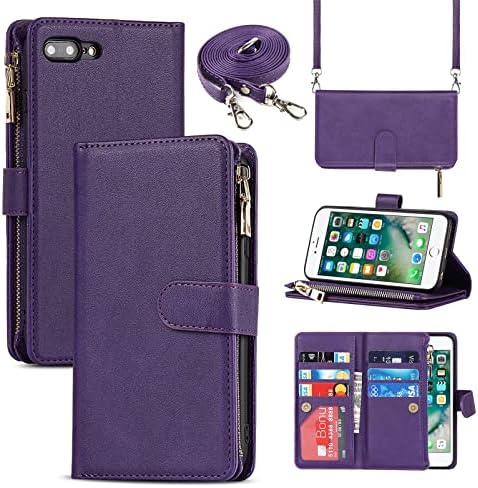 Jaorty iPhone 8 Plus Wallet Case for Women,iPhone 7 Plus Phone Case Wallet with Credit Card Holder,iPhone 8 Plus Crossbody Case with Strap Lanyard, Zipper Pocket PU Leather Cases,5.5 Inch Purple
