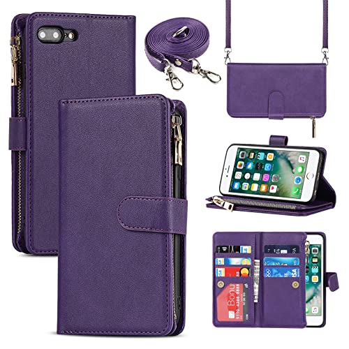 Jaorty iPhone 8 Plus Wallet Case, 5.5 Inch Purple, PU Leather, Multi-Functional, 9 Card Slots, Removable Lanyard, Crossbody Strap, Kickstand