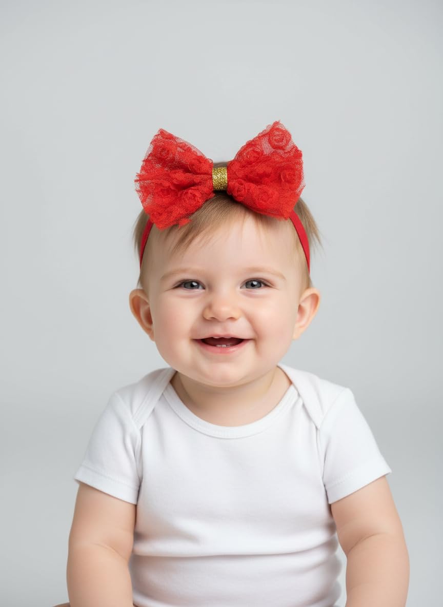 Fairytale Soft Stretchable Elastic Floral Bow Headband for Girls, Lace with Gold Accent Kids Girls Hair Accessories. (Red)-image-43