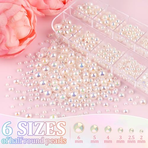 Image of Flatback Pearls for Crafting with 3Pcs 10ml B7000 Jewelry Glue, 2 Boxes of Half Round Beige AB Pearls, Bedazzling Beads for DIY Crafts Clothing Shoes Tumblers Nail Art