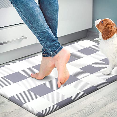 EARTHALL Kitchen Mat Cushioned Anti-Fatigue Floor Mat, 17.3 x30 , Waterproof Non-Slip Grey Buffalo Plaid Kitchen Rug Ergonomic Comfort Standing Mat for Kitchen, Home, Office, Sink, Laundry, Desk