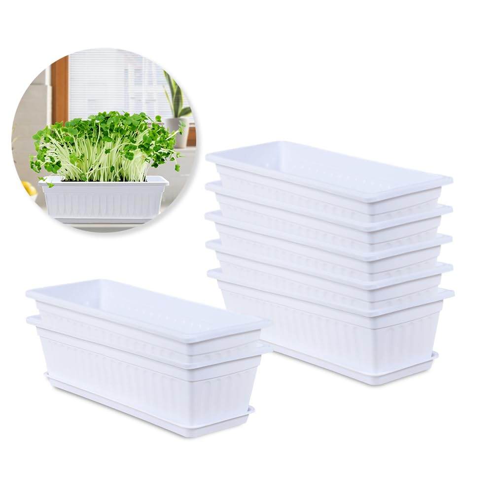 Vodotion Big Planter Pot 7 Pack 16.9Inches White Flower Window Box Plastic Vegetable Planters， with Trays Vegetables Growing Container Garden Flower Plant Pot for Balcony, Window Sill, Patio, （White）