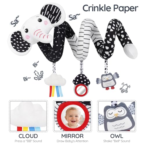 Image of Joyreal High Contrast Baby Toys for Newborn, Black and White Baby Sensory Toys with Car Seat Toys,Infant Toys with Black White Cards Book, Montessori Toys for Baby Gifts (Elephant Theme)