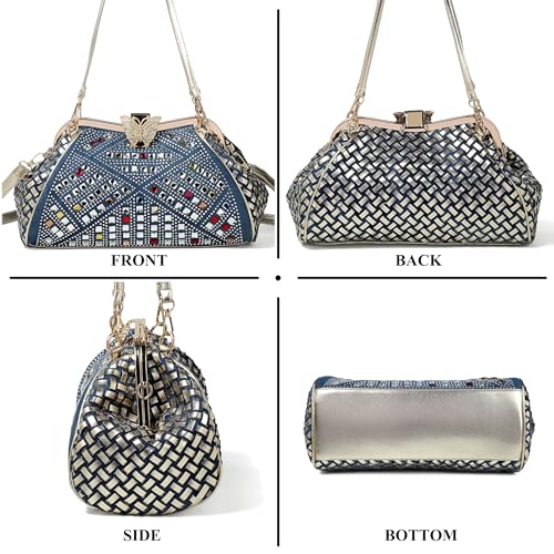 Bling Rhinestone Handbags for Women Woven Clutch Purses Jean Purse Crossbody Denim Evening Bag3