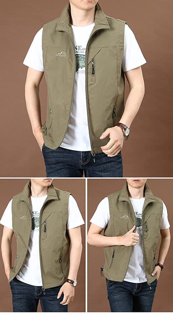 Gilet multi-tasche da lavoro da uomo con cerniera leggera e traspirante, gilet utilità gilet safari caccia escursionismo fotografia gilet giacca senza maniche per viaggi all'aperto pesca, cachi, M