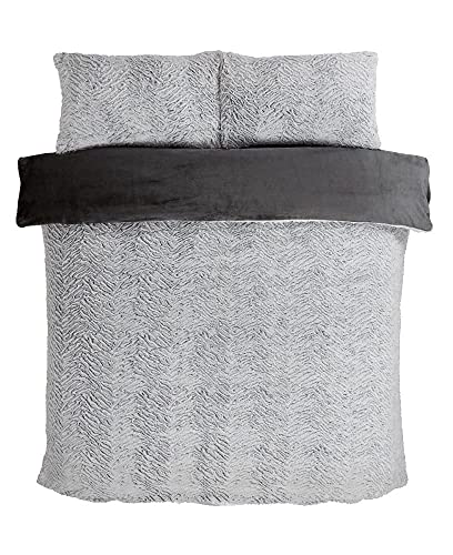 Sleepdown Juego de Funda de edredón de 2 Tonos con Textura de Forro Polar de Piel sintética, cálido, súper Suave, con Fundas de Almohada, Doble (200 x 200 cm), Color Gris