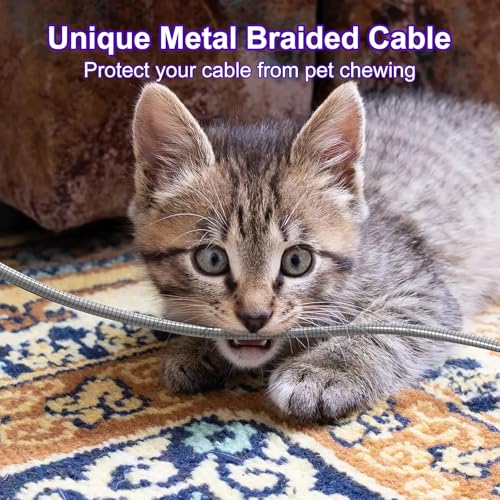 Image of 6FT Chew Proof iPhone Charger Cord - MFi Certified Silver Metal Braided USB to Lightning Cable, Metal Dog Cat Chew Proof iPhone Charging Cord with Data Transfer, for iPhone 14 13 12 11 X XS XR 8 7 6 5