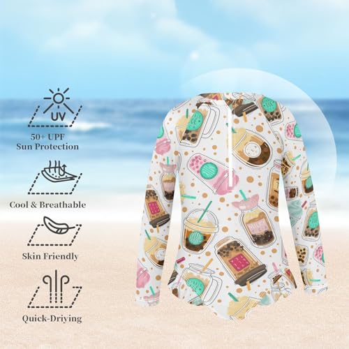 susiyo Boba Pearl Milk Tea Girls Long Sleeve One Piece Swimsuits Rash Guard Bathing Suit UPF 50+ Zipper Girl Swimwear2