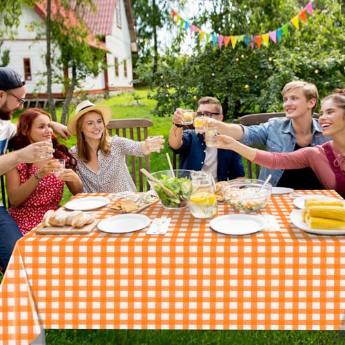 Image of 12 Pack Orange Plastic Checkered Tablecloth, Premium Decorative Disposable Orange Gingham Plaid Table Cloths for Parties, Rectangle Party Table Cover for Fall Thanksgiving Picnic Birthday, 54x108 Inch