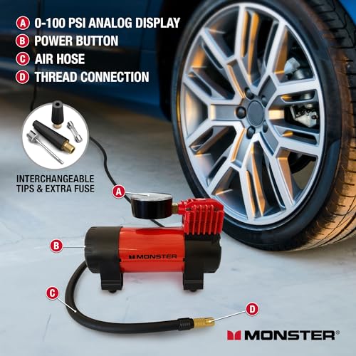Image of Monster 100 PSI Air Compressor, Tire Inflator, 12V DC Power, Analog Display, Interchangeable Tips, Extra Fuse (10 Foot Cord) (Without Carry Handle)