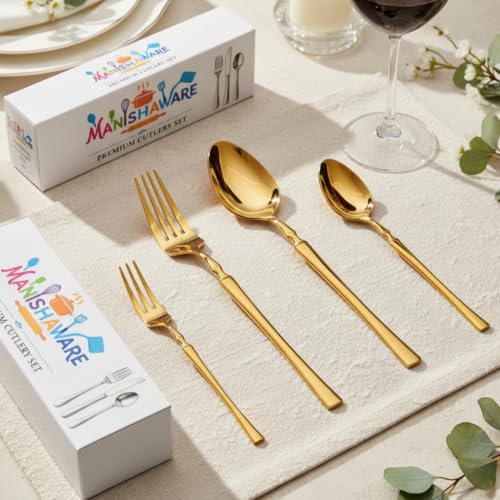 Image of Classic Gold 4 Pcs Stainless Steel Cutlery Set for Dining Table, Dishwasher Safe Glossy Flatware (Perfect Spoon Fork Set)