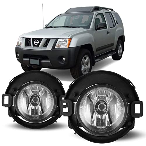 CPW OEM Fog Lights Fit For 2010-2019 Nissan Frontier w/Plastic Bumper, Driver & Passenger Driving Fog Lamps For 2005-2015 Nissan Xterra w/Plastic Bumper w/ H11 Bulbs + Wiring + Switch (Black/Clear)