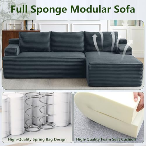 Image of 96 inch Modular Sectional Sofa, Modern Corduroy Cloud Couch, Boneless Couch Upholstered 3-Seater L-Shaped Sofa for Living Room, No Assembly Required (Dark Grey, Right-Facing Chaise)