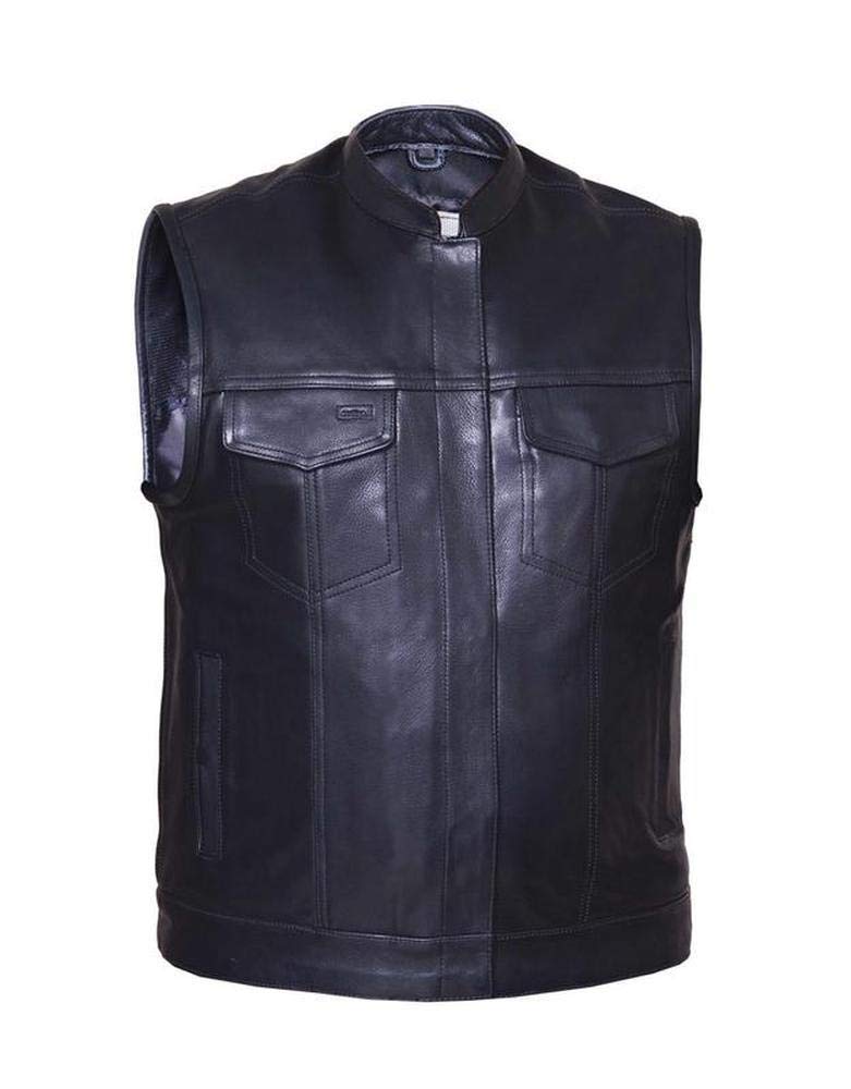 Men's Premium SOA Style Collared Leather Club Vest,Black,Size - Large