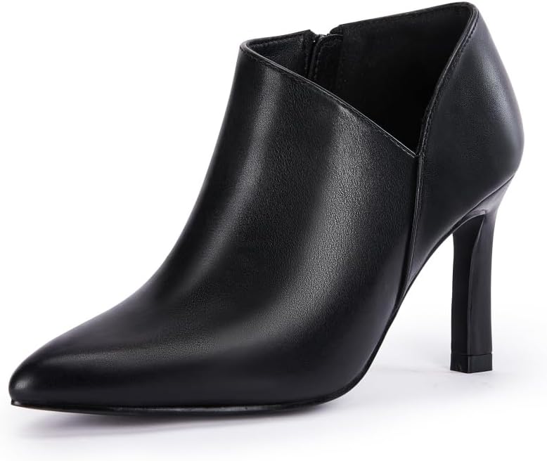 Coutgo Womens Pointed Toe V Cut Ankle Boots Kitten Heel Side Zip Office Booties