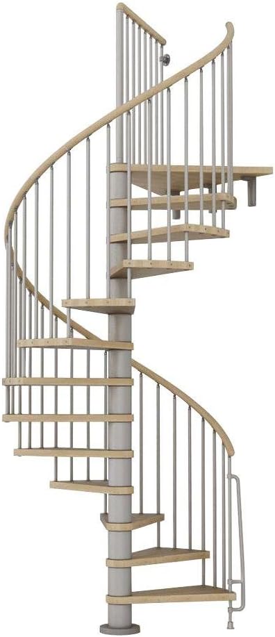 Arke 47" Diameter Phoenix Wood Tread Spiral Staircase Kit (99-1/4"H - 120-1/8"H, Grey Powder Coat)