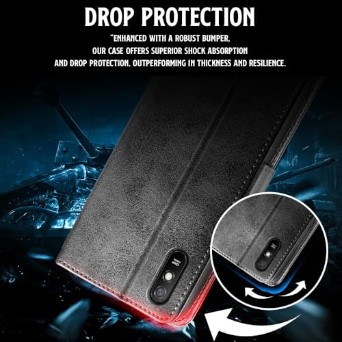 Image of WOW IMAGINE Shock Proof Flip Cover Back Case for Xiaomi Mi Redmi 9A | 9i | 9A Sport (Magnetic Button Flip Case | Wallet Pockets & Stand | Leather Finish | Haze Black)