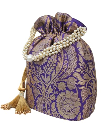 Image of MILAN'S CREATION Banarasi Silk Brocade Potli Bag Purse With Base Drawstring Women's handbag with Pearl Handle & Tassel Weddings