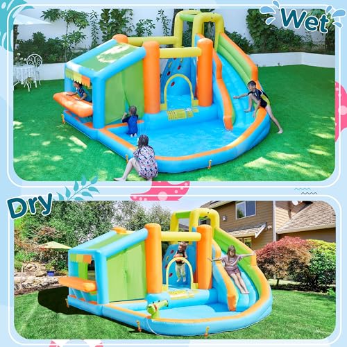 Yaheetech Inflatable Bounce House, Water Bouncer Castle for Kids Aged 3-10 W/Splash Pool, Toy Market Stand, Bouncer Area, Slide, Climbing Wall, Storage Bag, 520W Blower for Outdoor Backyard