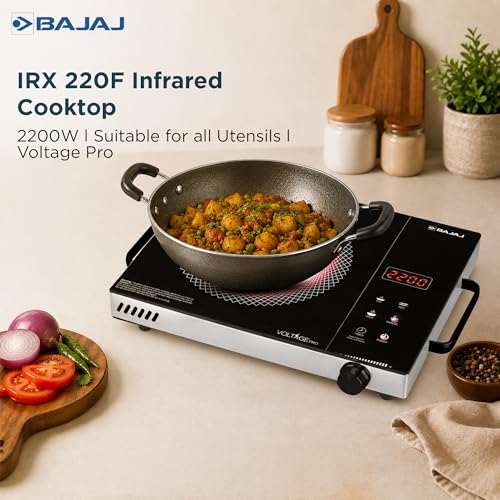 Image of Bajaj IRX 220F Infrared Induction Cooktop | 2200 Watts | 11 Power Level | 3 Preset Menu | Feather Touch Controls | Digital display | 1 Year Warranty 【Black /Silver】